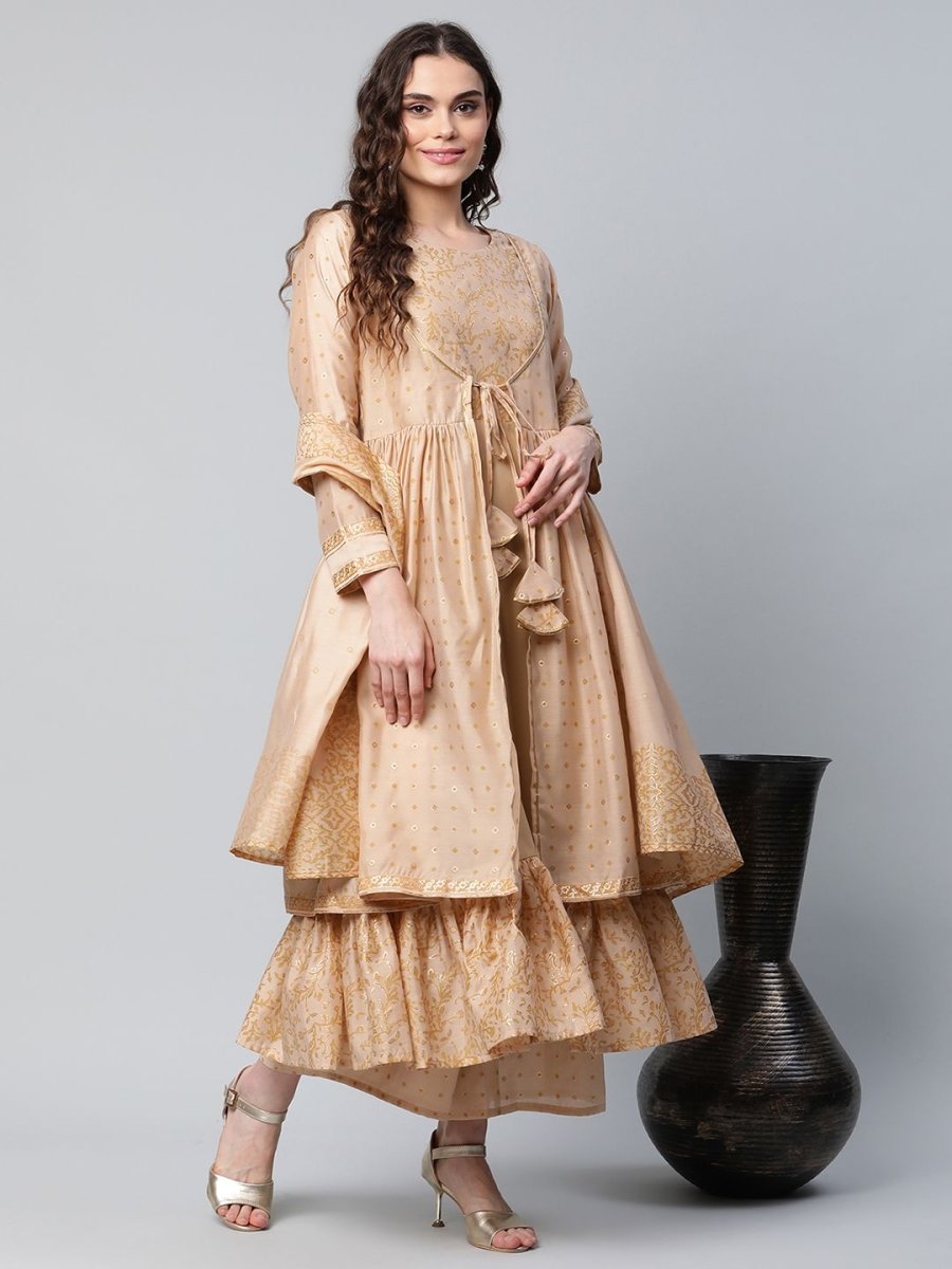 Ahalyaa Womens Beige Chanderi Kurta Palazzo Set with Dupatta | Grocsy