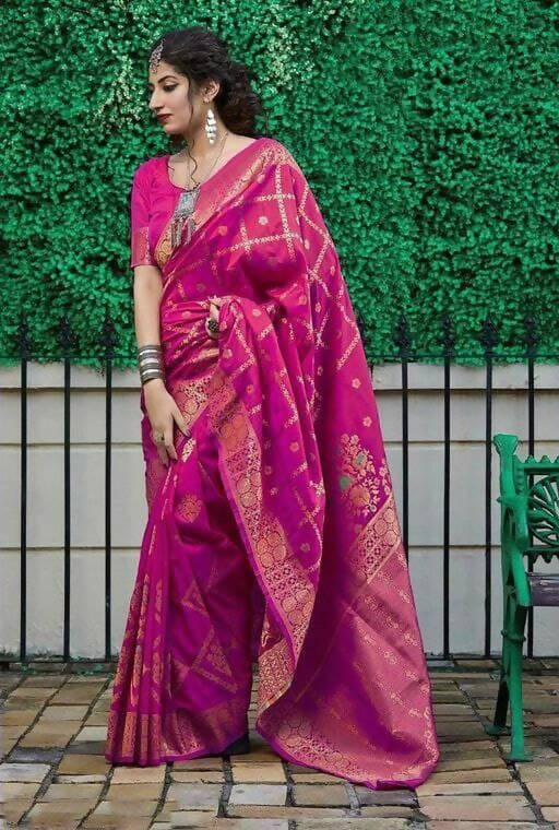 DEIANA'S Beautiful Designer Golden zari Soft Lichi Silk Saree - Pink | Grocsy