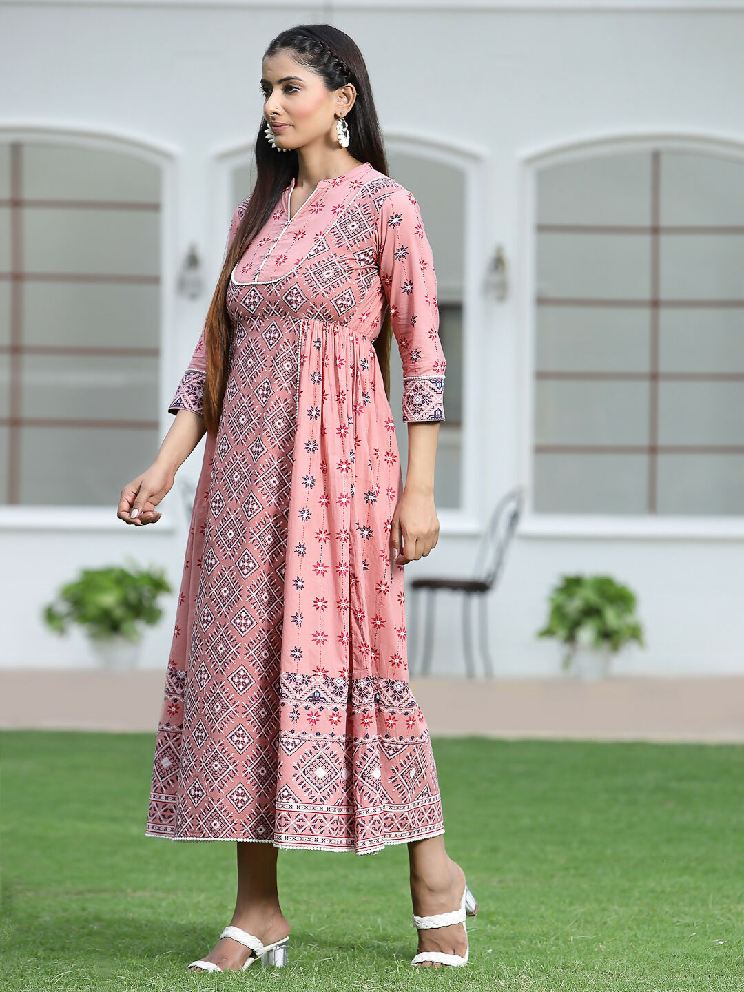 Juniper Peach Geometric Printed Pure Cotton Maxi Dress With Lace Work | Grocsy