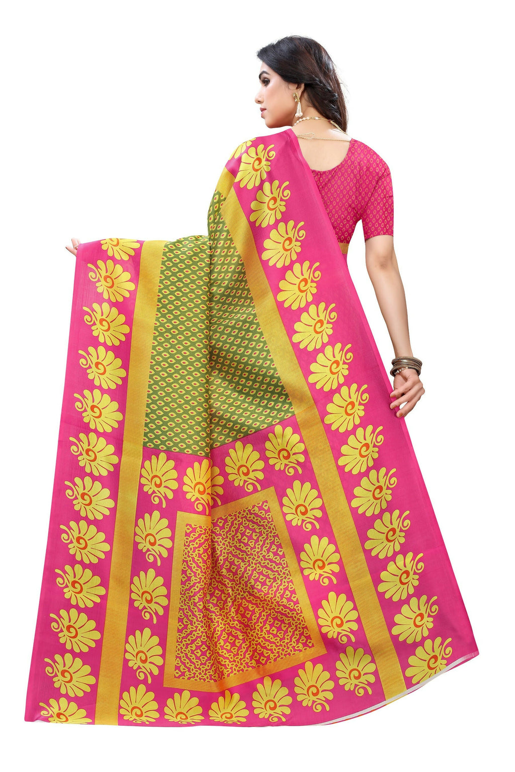 Vamika pink & green Printed Art Silk Saree | Grocsy