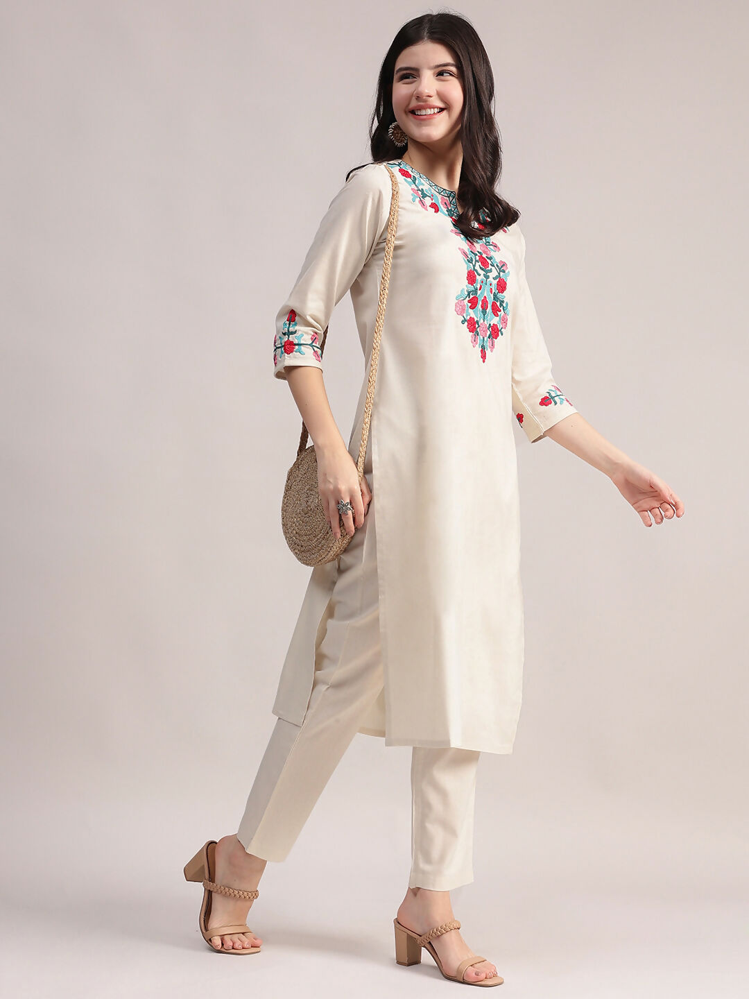 Aavyora Women's Off-White Embroidered Cotton Flex Co-Ord Set | Grocsy