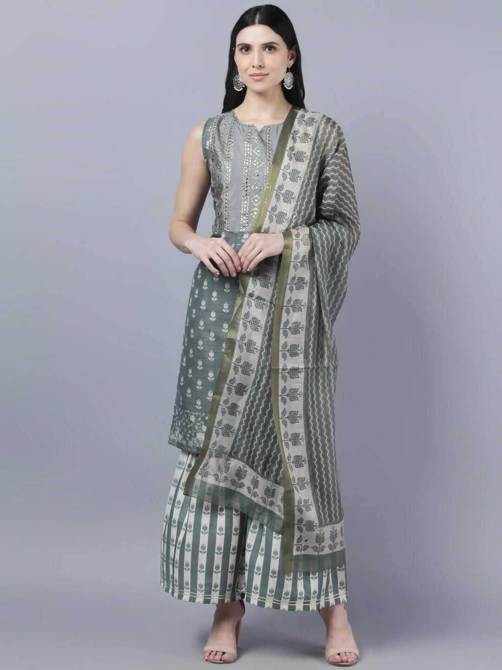 Myshka Women Grey Ethnic Motifs Printed Kurta with Shararas With Dupatta Set | Grocsy