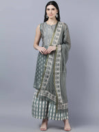 Myshka Women Grey Ethnic Motifs Printed Kurta with Shararas With Dupatta Set | Grocsy