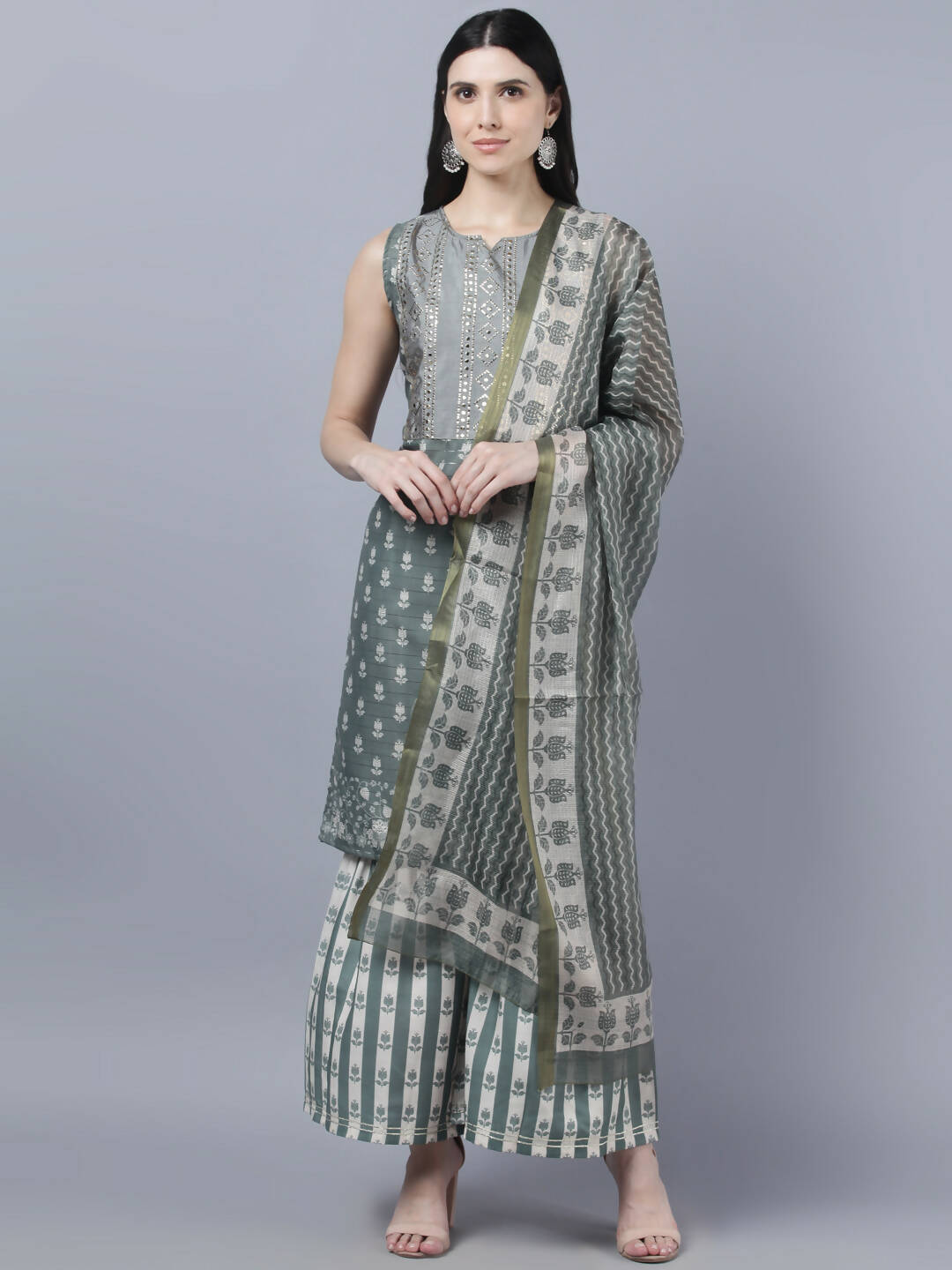 Myshka Women Grey Ethnic Motifs Printed Kurta with Shararas With Dupatta Set | Grocsy