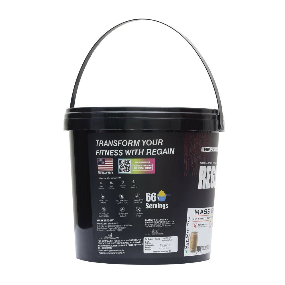 Reformulate Regain I Mass Gainer with Added Pre and Pro Biotics I 364 Energy | 1.5 Creatine - Cold Coffee & Malai Kulfi | Grocsy