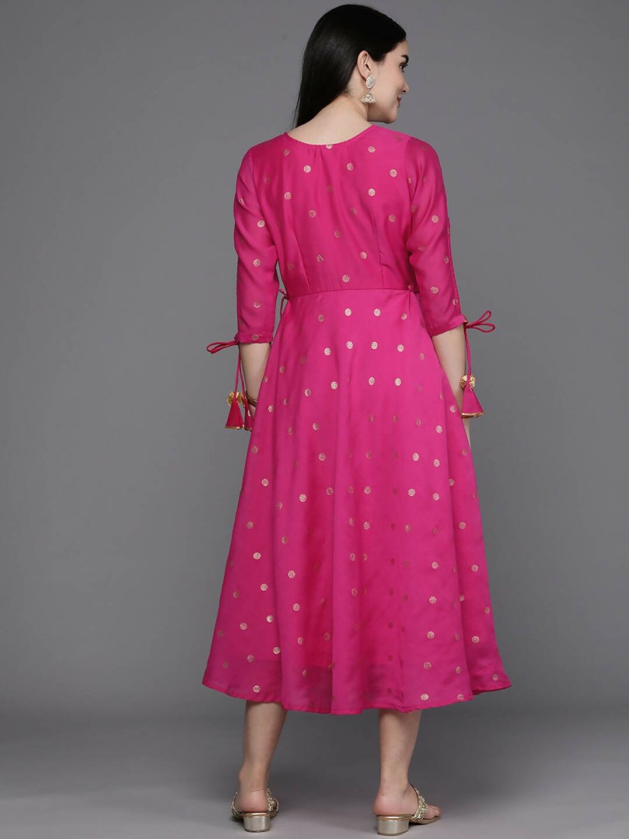 Ahalyaa Women Foil Printed A-Line Midi Ethnic Dress - Pink Color | Grocsy