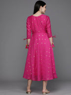 Ahalyaa Women Foil Printed A-Line Midi Ethnic Dress - Pink Color | Grocsy