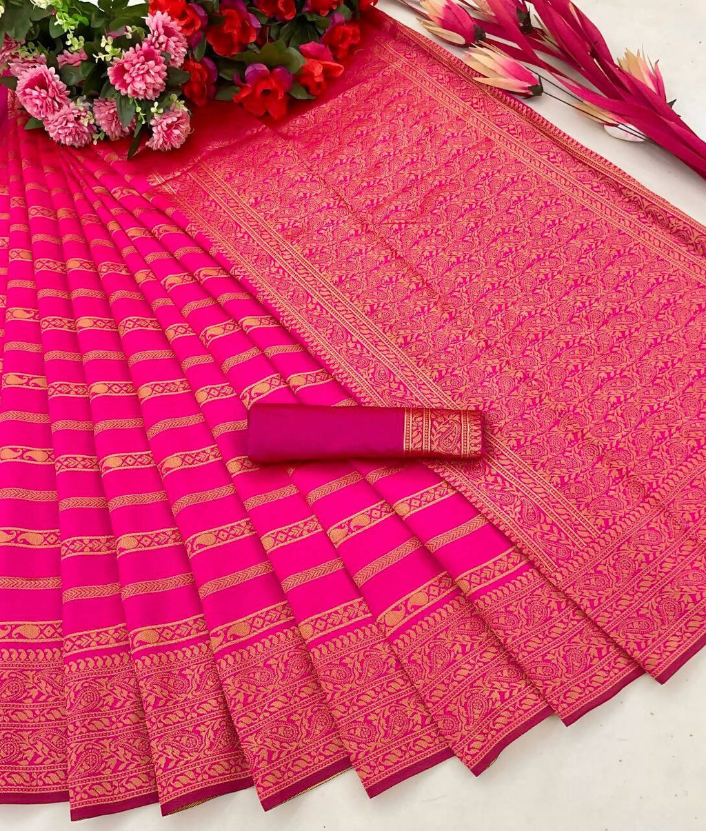 DEIANA'S Beautiful Designer Golden zari Soft Lichi Silk Saree - Pink | Grocsy