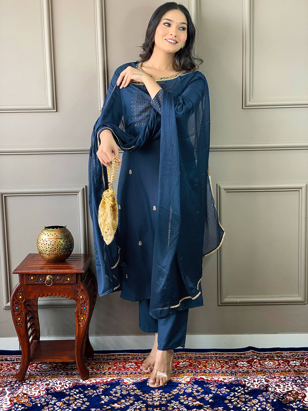 Partywear Designer Rayon Slub Blue Stitched Suit With Dupatta - Tanisha | Grocsy