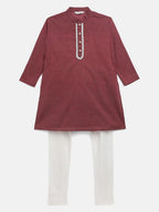 Ahalyaa Boys Maroon Pure Cotton Digital Print Kids Kurta Churidar Set | Grocsy