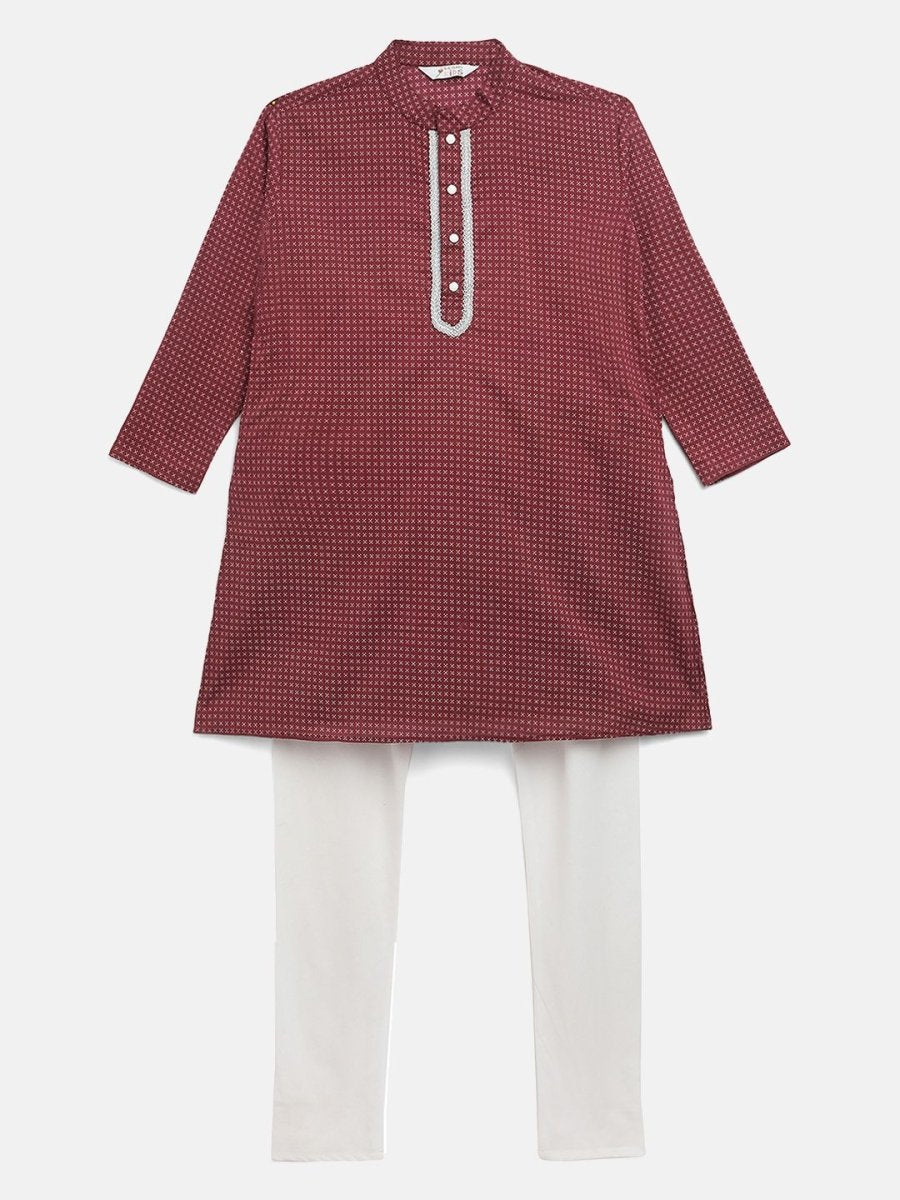 Ahalyaa Boys Maroon Pure Cotton Digital Print Kids Kurta Churidar Set | Grocsy