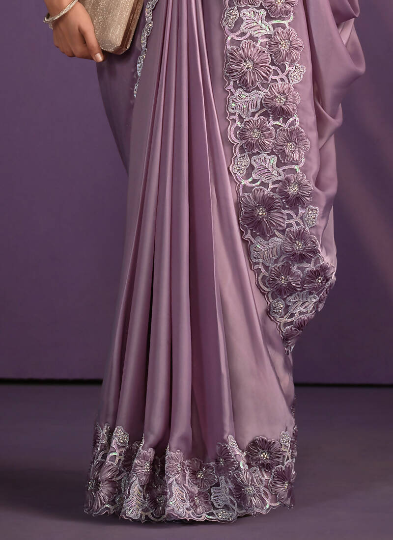 Lavender Crepe Satin Silk Embroidered Saree With Stitched Blouse - Mohmanthan Exotica | Grocsy