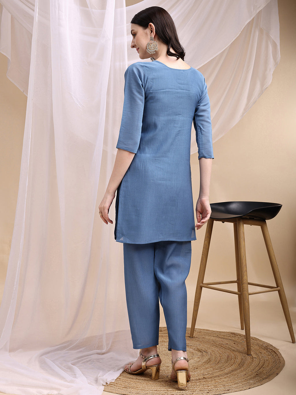 Hand Embroidered & Painted Kurta With Pant, Blue - Hiral Fashion | Grocsy