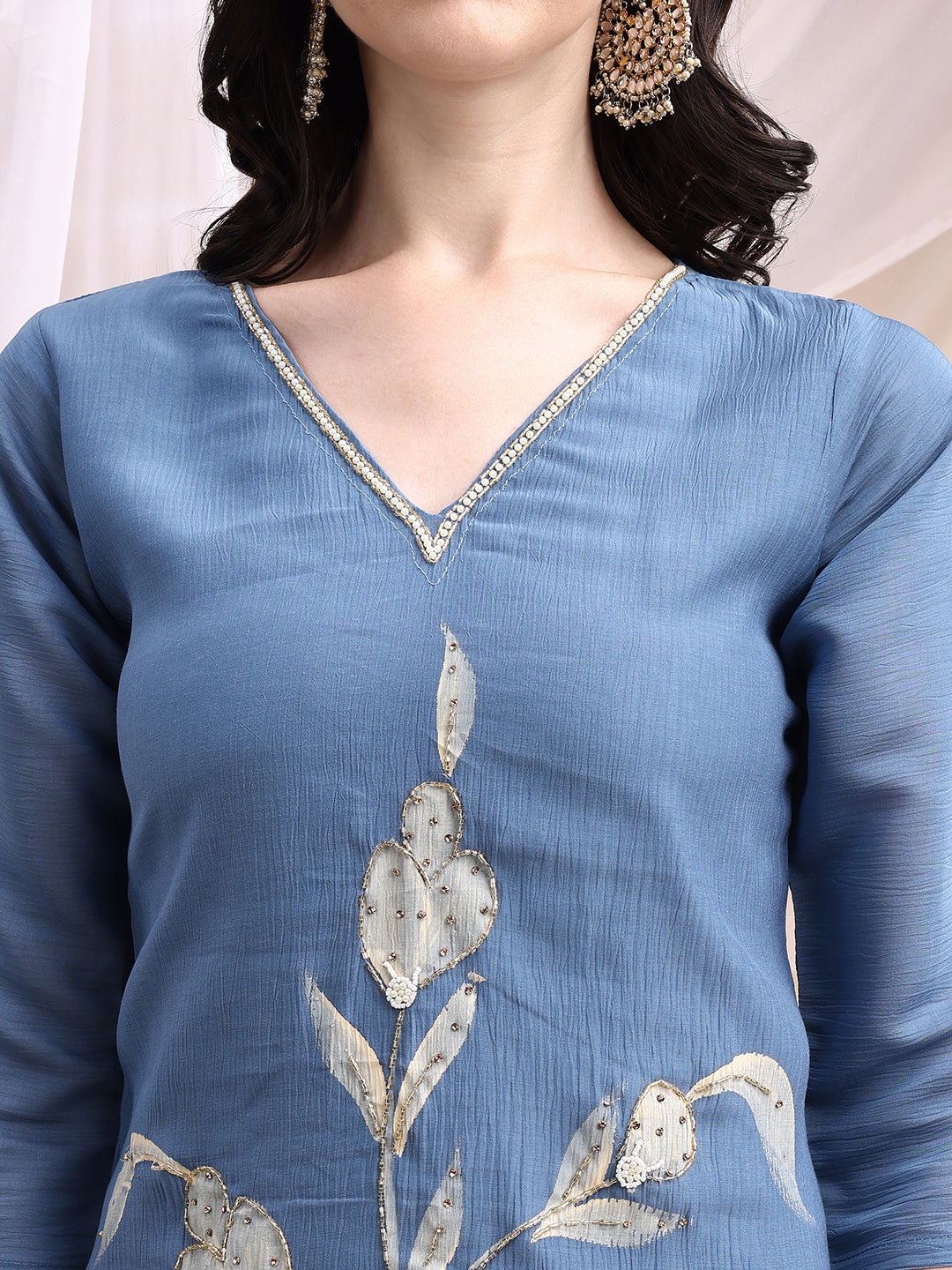Hand Embroidered & Painted Kurta With Pant, Blue - Hiral Fashion | Grocsy