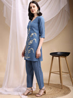 Hand Embroidered & Painted Kurta With Pant, Blue - Hiral Fashion | Grocsy
