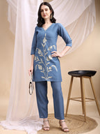 Hand Embroidered & Painted Kurta With Pant, Blue - Hiral Fashion | Grocsy