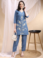 Hand Embroidered & Painted Kurta With Pant, Blue - Hiral Fashion | Grocsy