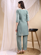 Hand Embroidered & Painted Kurta With Pant, Green - Hiral Fashion | Grocsy