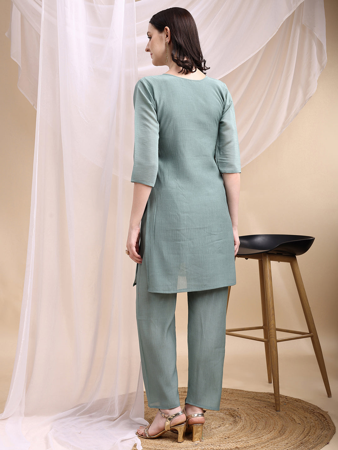 Hand Embroidered & Painted Kurta With Pant, Green - Hiral Fashion | Grocsy