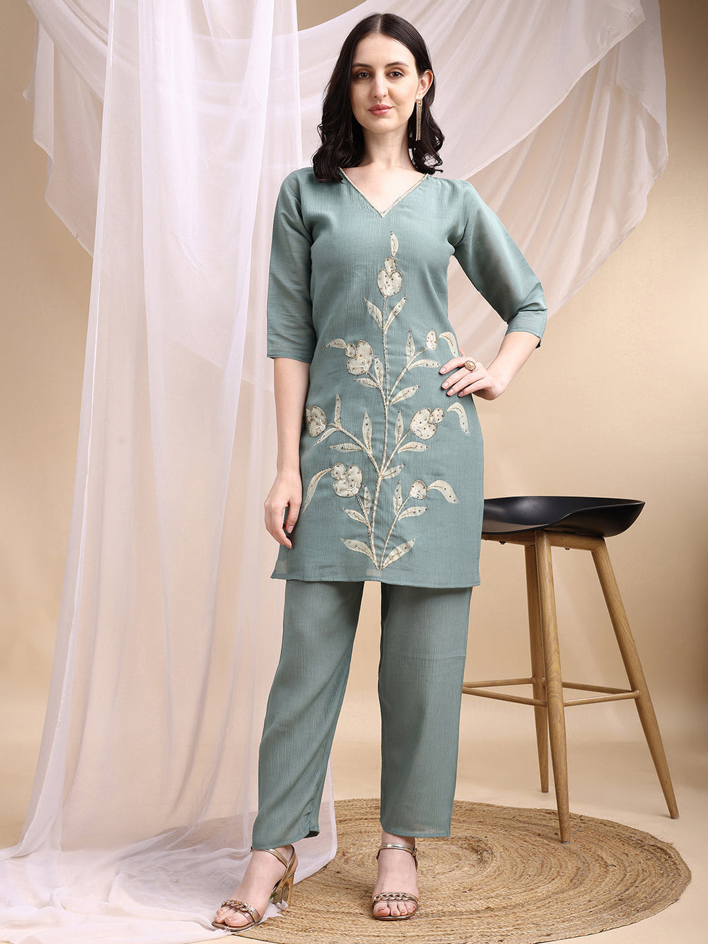 Hand Embroidered & Painted Kurta With Pant, Green - Hiral Fashion | Grocsy