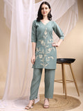 Hand Embroidered & Painted Kurta With Pant, Green - Hiral Fashion | Grocsy