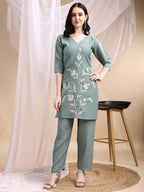 Hand Embroidered & Painted Kurta With Pant, Green - Hiral Fashion | Grocsy