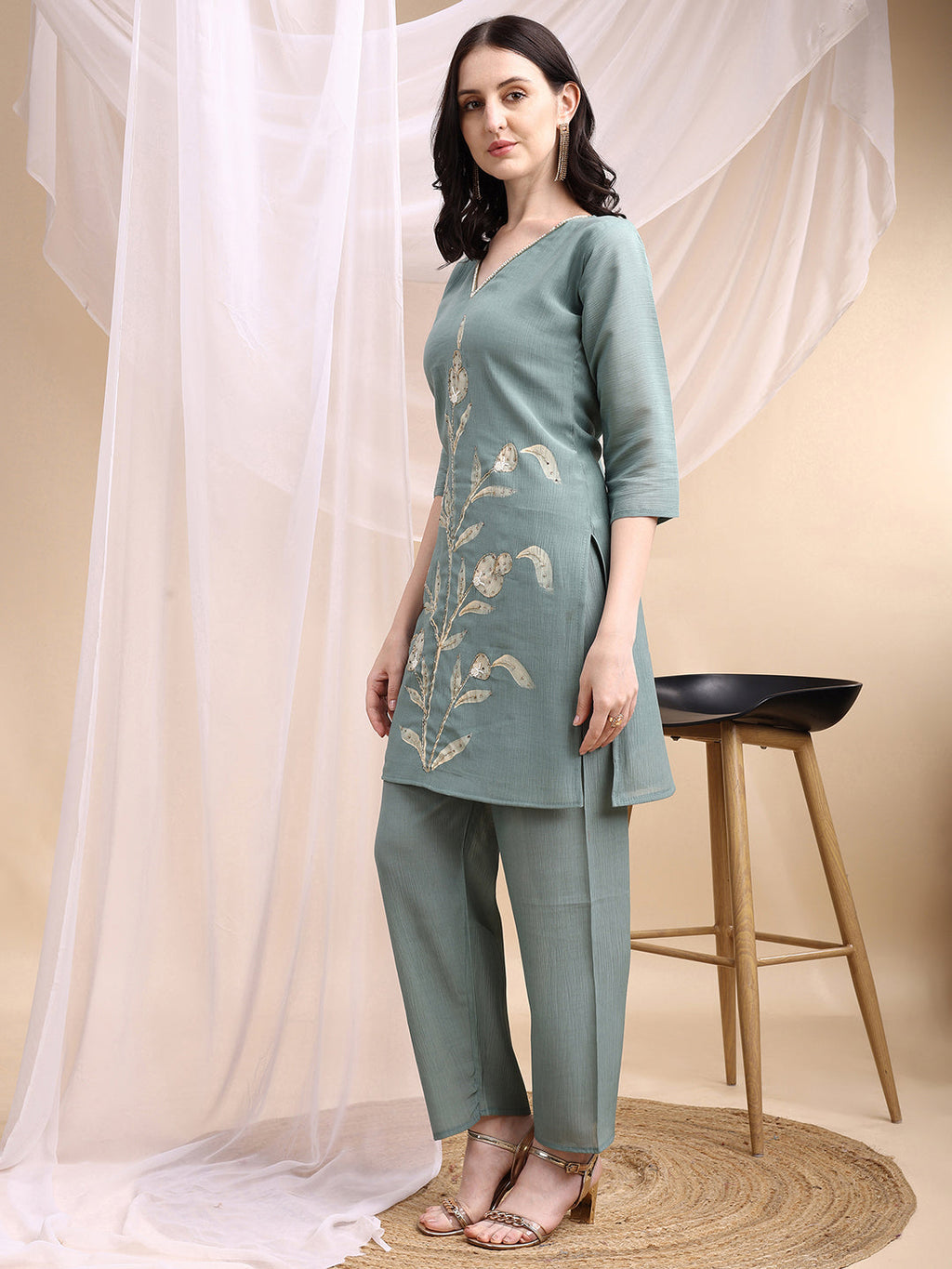 Hand Embroidered & Painted Kurta With Pant, Green - Hiral Fashion | Grocsy