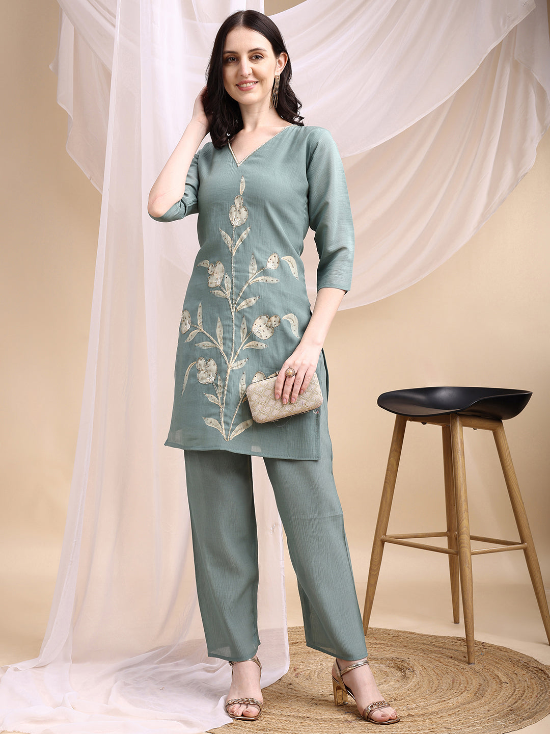 Hand Embroidered & Painted Kurta With Pant, Green - Hiral Fashion | Grocsy