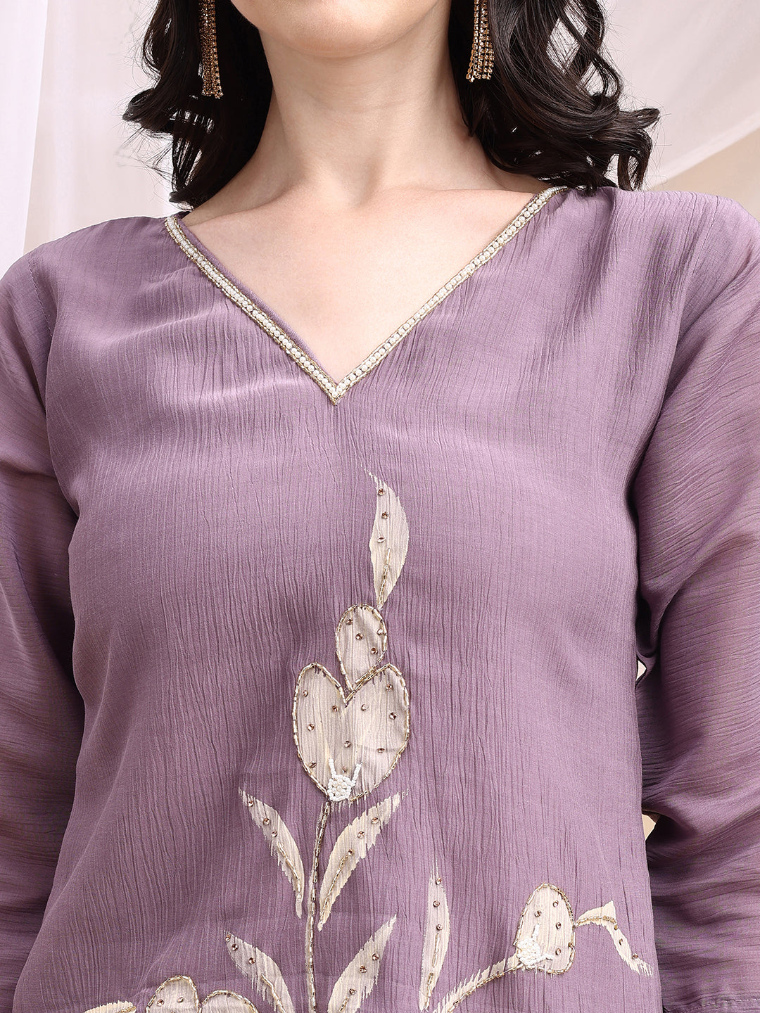Hand Embroidered & Painted Kurta With Pant, Lavender - Hiral Fashion | Grocsy