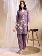Hand Embroidered & Painted Kurta With Pant, Lavender - Hiral Fashion | Grocsy