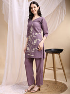 Hand Embroidered & Painted Kurta With Pant, Lavender - Hiral Fashion | Grocsy