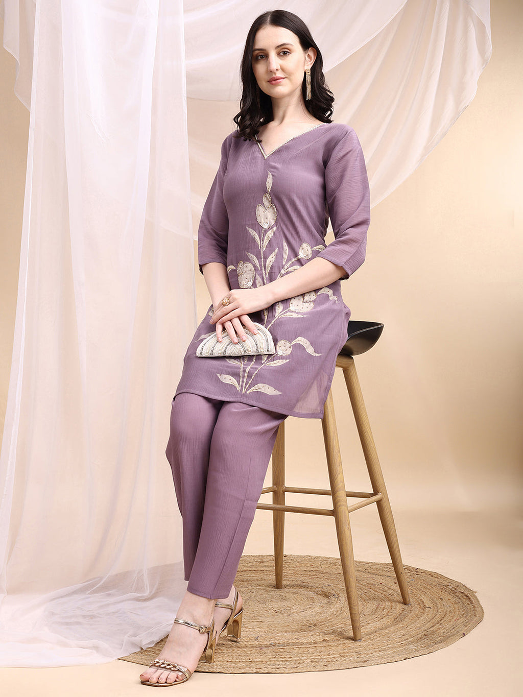 Hand Embroidered & Painted Kurta With Pant, Lavender - Hiral Fashion | Grocsy