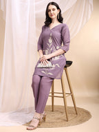 Hand Embroidered & Painted Kurta With Pant, Lavender - Hiral Fashion | Grocsy