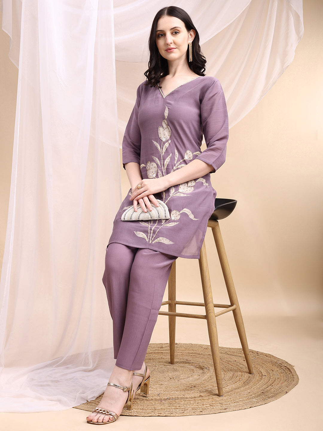 Hand Embroidered & Painted Kurta With Pant, Lavender - Hiral Fashion | Grocsy