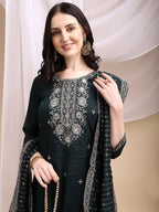 Embroidered Anarkali Kurta With Pant & Embroidered Dupatta, Bottle-Green - Hiral Fashion | Grocsy