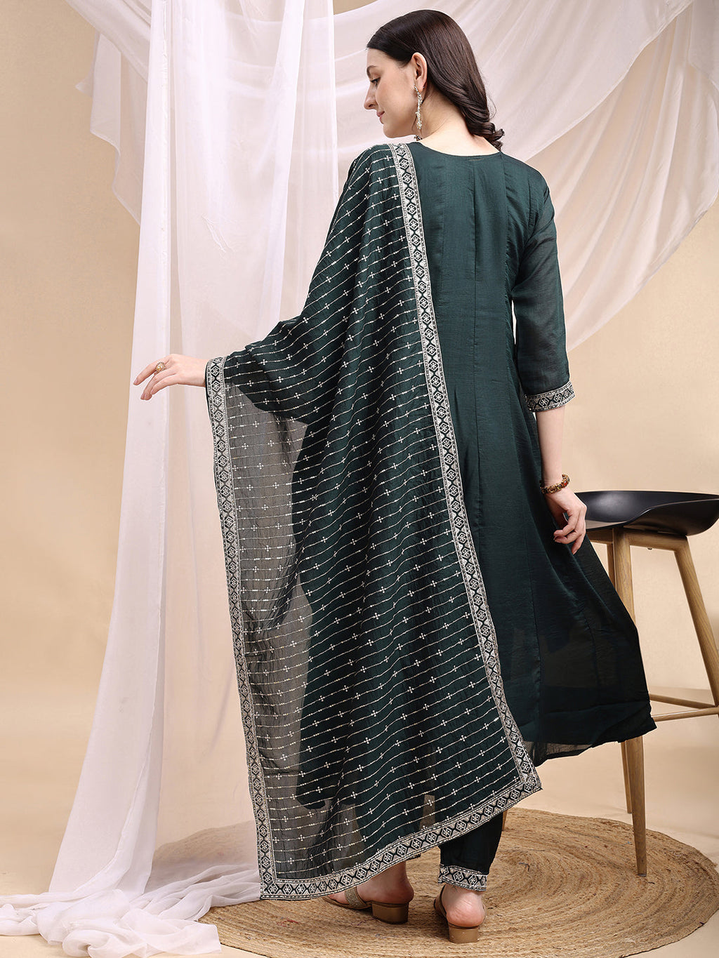 Embroidered Anarkali Kurta With Pant & Embroidered Dupatta, Bottle-Green - Hiral Fashion | Grocsy