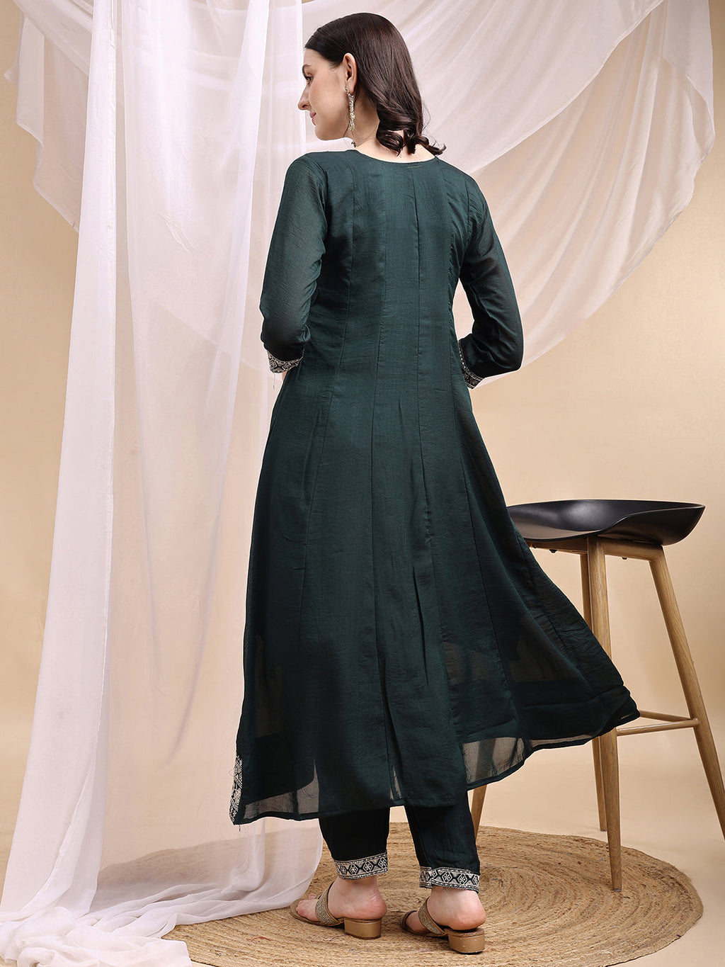 Embroidered Anarkali Kurta With Pant & Embroidered Dupatta, Bottle-Green - Hiral Fashion | Grocsy