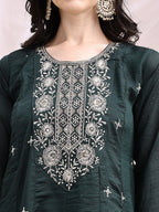 Embroidered Anarkali Kurta With Pant & Embroidered Dupatta, Bottle-Green - Hiral Fashion | Grocsy