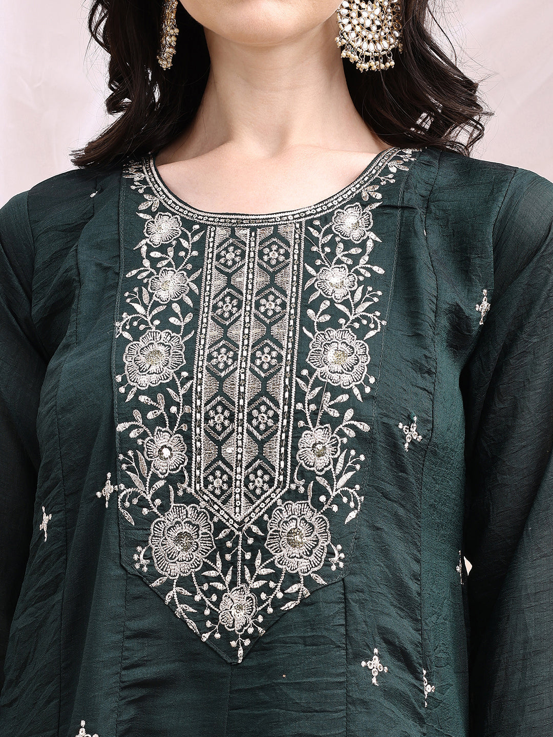 Embroidered Anarkali Kurta With Pant & Embroidered Dupatta, Bottle-Green - Hiral Fashion | Grocsy