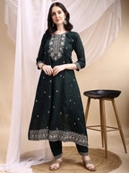 Embroidered Anarkali Kurta With Pant & Embroidered Dupatta, Bottle-Green - Hiral Fashion | Grocsy