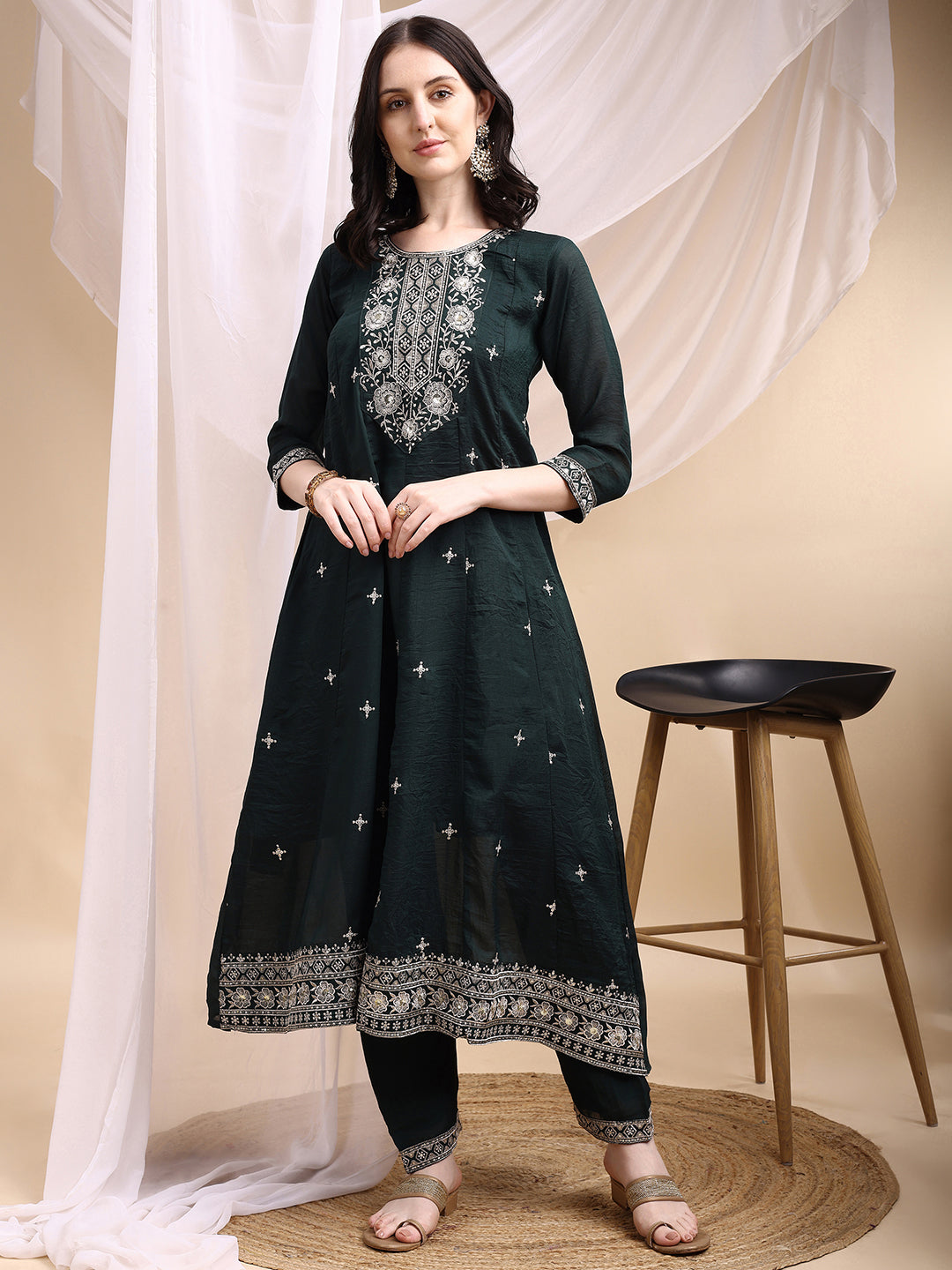 Embroidered Anarkali Kurta With Pant & Embroidered Dupatta, Bottle-Green - Hiral Fashion | Grocsy