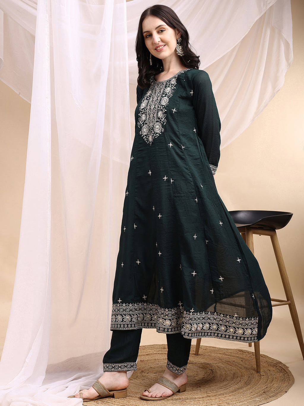 Embroidered Anarkali Kurta With Pant & Embroidered Dupatta, Bottle-Green - Hiral Fashion | Grocsy