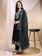 Embroidered Anarkali Kurta With Pant & Embroidered Dupatta, Bottle-Green - Hiral Fashion | Grocsy