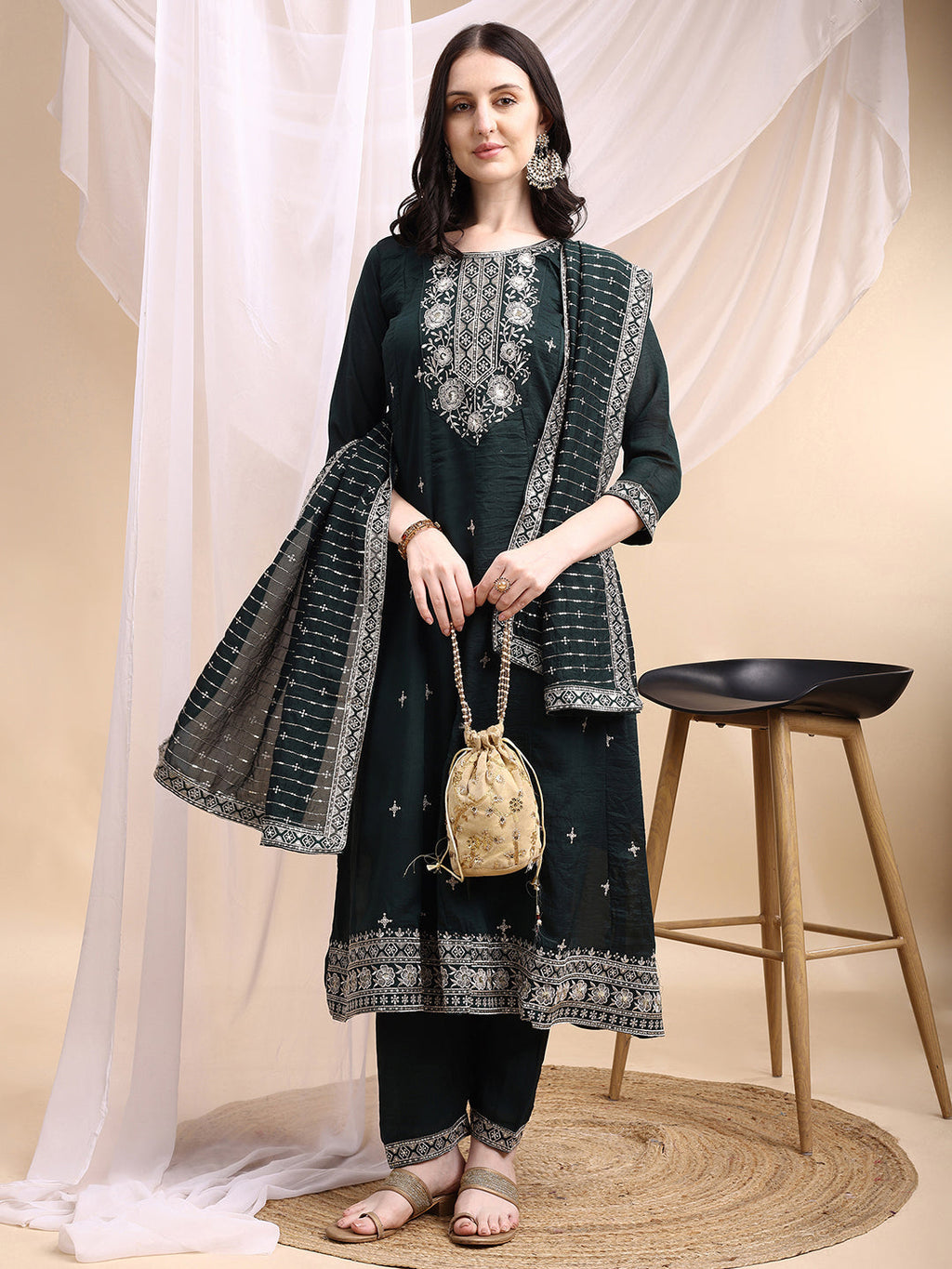 Embroidered Anarkali Kurta With Pant & Embroidered Dupatta, Bottle-Green - Hiral Fashion | Grocsy