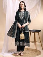 Embroidered Anarkali Kurta With Pant & Embroidered Dupatta, Bottle-Green - Hiral Fashion | Grocsy