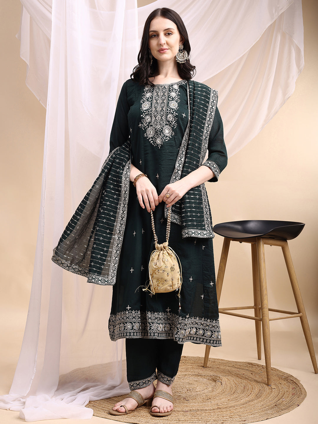 Embroidered Anarkali Kurta With Pant & Embroidered Dupatta, Bottle-Green - Hiral Fashion | Grocsy