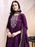 Embroidered Anarkali Kurta With Pant & Embroidered Dupatta, Purple - Hiral Fashion | Grocsy
