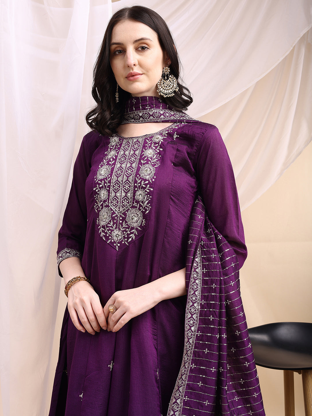 Embroidered Anarkali Kurta With Pant & Embroidered Dupatta, Purple - Hiral Fashion | Grocsy