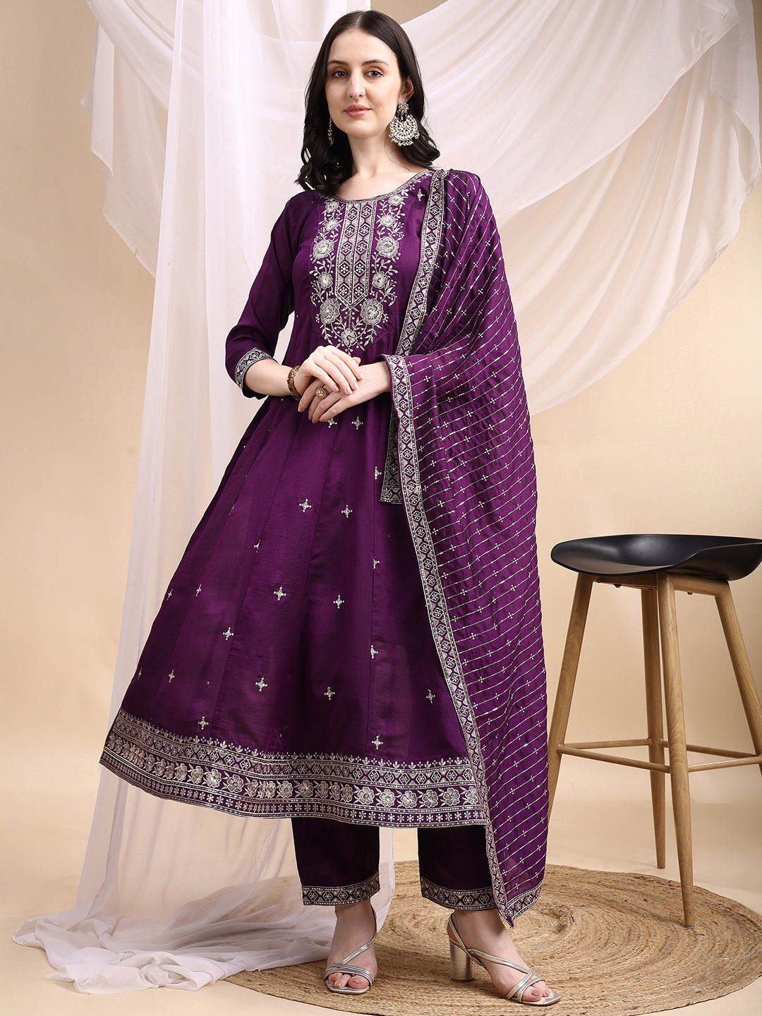 Embroidered Anarkali Kurta With Pant & Embroidered Dupatta, Purple - Hiral Fashion | Grocsy