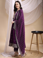 Embroidered Anarkali Kurta With Pant & Embroidered Dupatta, Purple - Hiral Fashion | Grocsy